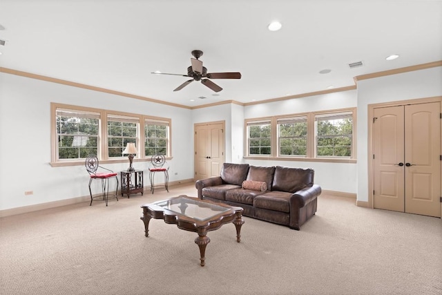 8212 Denali Pkwy, Austin, TX 78726 - carpeted living area with ceiling fan, healthy amount of natural light, recessed lighting, and ornamental molding