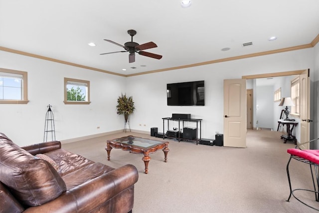 8212 Denali Pkwy, Austin, TX 78726 - living room featuring ceiling fan, carpet flooring, recessed lighting, and crown molding