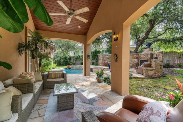 8212 Denali Pkwy, Austin, TX 78726 - fenced backyard featuring outdoor lounge area, a ceiling fan, a patio, and an outdoor hot tub