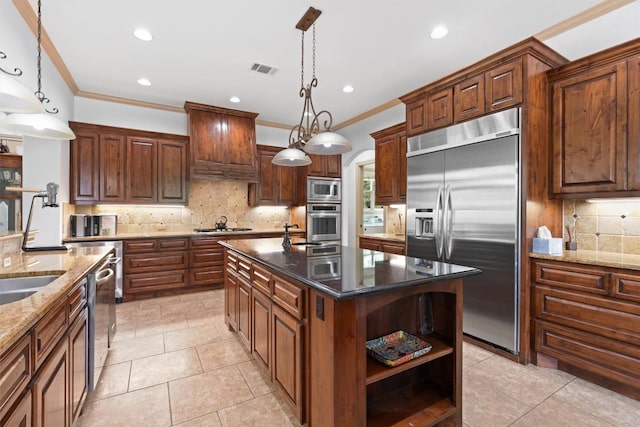 8212 Denali Pkwy, Austin, TX 78726 - kitchen with built in appliances, open shelves, ornamental molding, backsplash, and decorative light fixtures