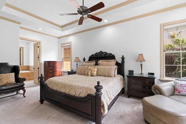8212 Denali Pkwy, Austin, TX 78726 - bedroom featuring light carpet, multiple windows, a raised ceiling, crown molding, and recessed lighting