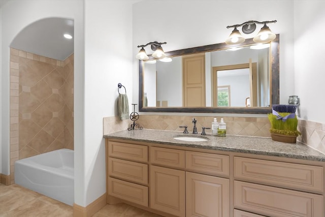 8212 Denali Pkwy, Austin, TX 78726 - full bathroom with vanity, tile patterned flooring, decorative backsplash, and bathtub / shower combination