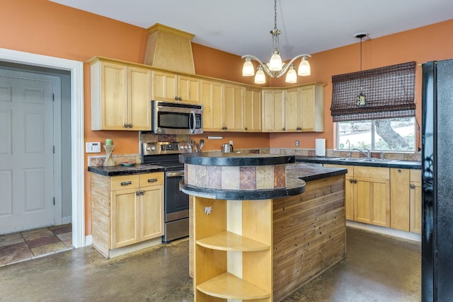 1608 Susan Dr, Austin, TX 78734 - kitchen with appliances with stainless steel finishes, light brown cabinets, concrete floors, and open shelves