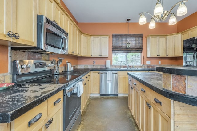 1608 Susan Dr, Austin, TX 78734 - kitchen with stainless steel appliances, concrete flooring, light brown cabinetry, and a chandelier