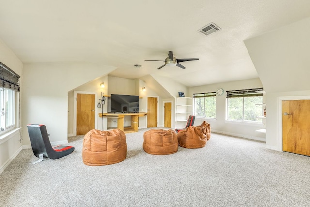 1608 Susan Dr, Austin, TX 78734 - carpeted living room with ceiling fan, baseboards, and lofted ceiling