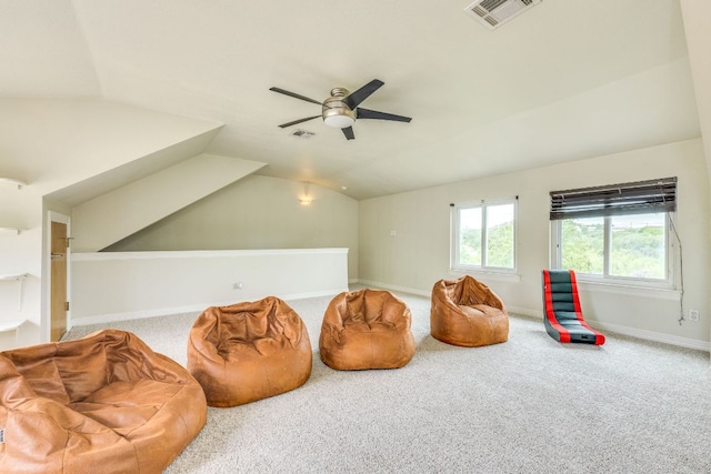 1608 Susan Dr, Austin, TX 78734 - sitting room with ceiling fan, carpet floors, vaulted ceiling, and baseboards