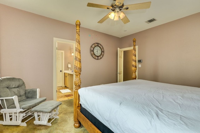 1608 Susan Dr, Austin, TX 78734 - bedroom featuring light carpet, connected bathroom, and ceiling fan