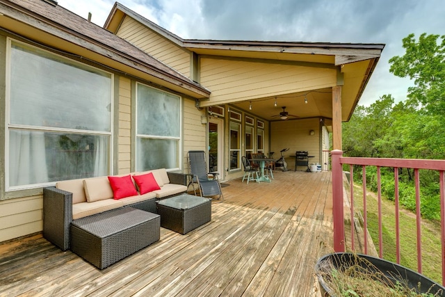 1608 Susan Dr, Austin, TX 78734 - wooden terrace with outdoor lounge area, ceiling fan, and area for grilling