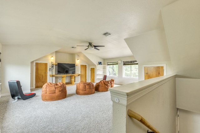 1608 Susan Dr, Austin, TX 78734 - living room featuring carpet, ceiling fan, and lofted ceiling
