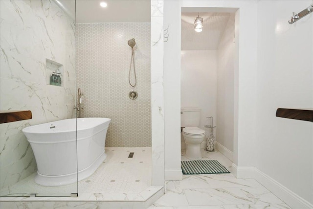 551 Demarett Dr Unit 4, Point Venture, TX 78645 - bathroom featuring a walk in shower, a freestanding bath, marble look tiles, toilet, and baseboards