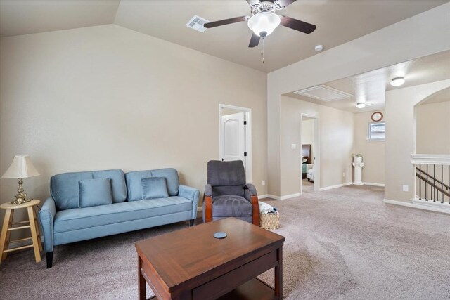 5627 Sabbia Dr, Round Rock, TX 78665 - living room with attic access, a ceiling fan, carpet flooring, and lofted ceiling