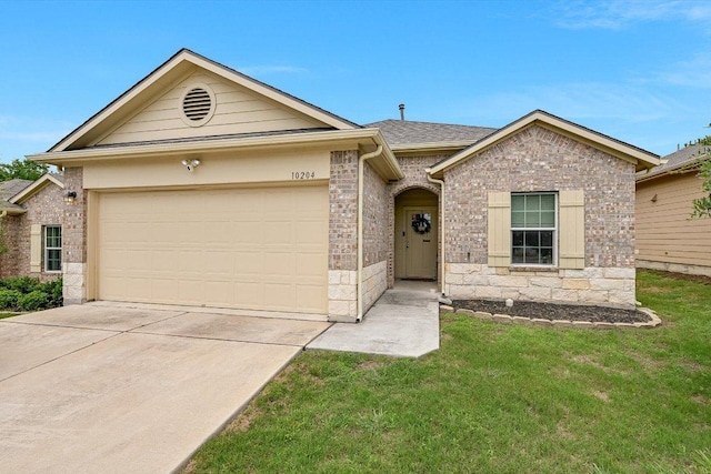 10204 Tildon Ave, Austin, TX 78754 - view of front of house with concrete driveway, a garage, a front yard, roof with shingles, and brick siding