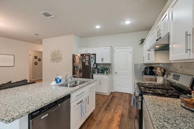 10204 Tildon Ave, Austin, TX 78754 - kitchen featuring stainless steel appliances, under cabinet range hood, white cabinets, dark wood-style floors, and light stone countertops