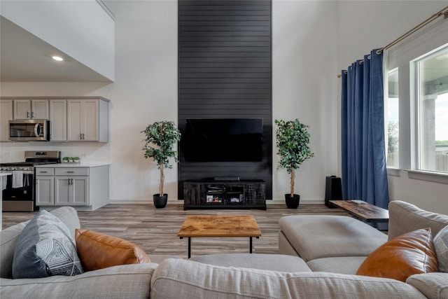 13901 Zuhause Dr, Pflugerville, TX 78660 - living room with light wood-style floors, baseboards, and recessed lighting