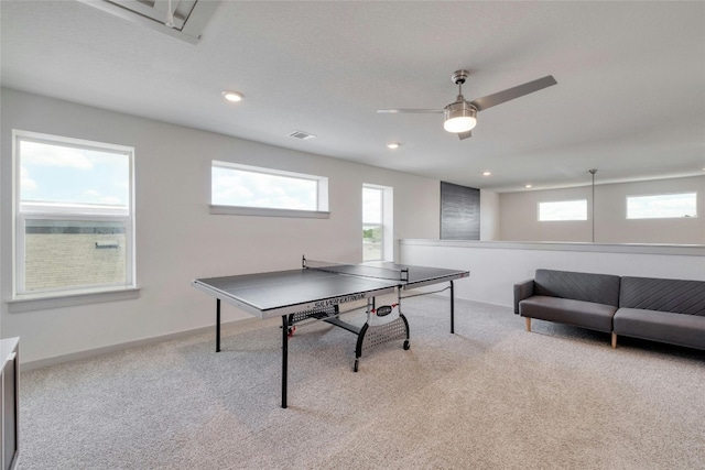 13901 Zuhause Dr, Pflugerville, TX 78660 - rec room featuring carpet floors, a ceiling fan, recessed lighting, and baseboards