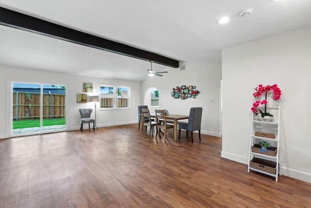 10802 Thicket Trl, Austin, TX 78750 - dining room featuring wood finished floors, baseboards, arched walkways, a ceiling fan, and recessed lighting