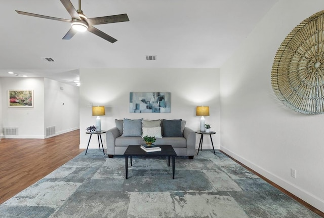 10802 Thicket Trl, Austin, TX 78750 - living room with baseboards, a ceiling fan, wood finished floors, and recessed lighting