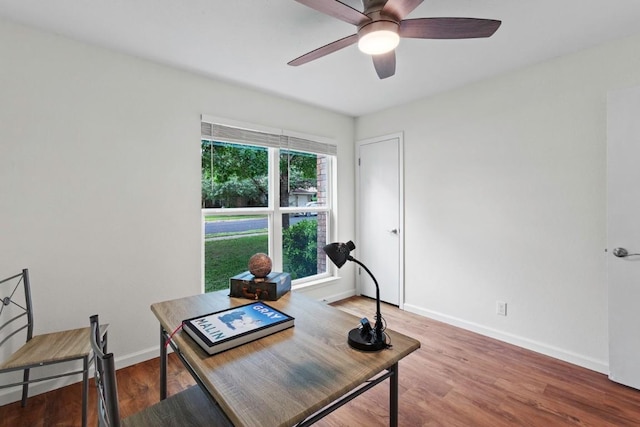 10802 Thicket Trl, Austin, TX 78750 - office area featuring ceiling fan, baseboards, and wood finished floors