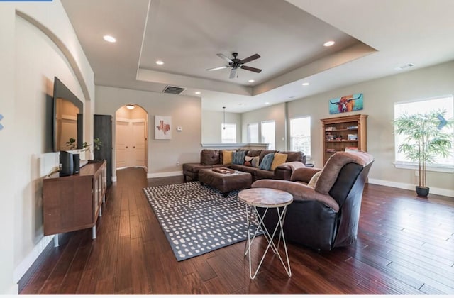 4301 Mansfield Dam Rd Unit 1102, Austin, TX 78734 - living room with a tray ceiling, plenty of natural light, ceiling fan, baseboards, and recessed lighting