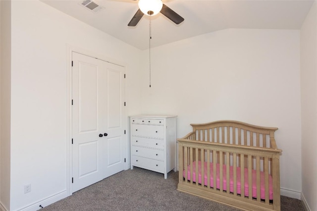 121 Split Oak Dr, Cedar Park, TX 78613 - carpeted bedroom featuring lofted ceiling, a nursery area, a ceiling fan, and a closet