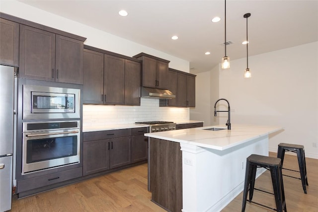 121 Split Oak Dr, Cedar Park, TX 78613 - kitchen with appliances with stainless steel finishes, under cabinet range hood, light wood finished floors, tasteful backsplash, and dark brown cabinetry