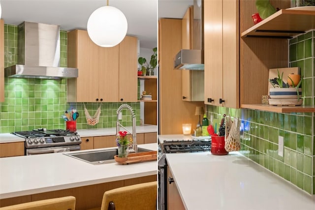 109 W 55th 1/2 St, Austin, TX 78751 - kitchen featuring wall chimney exhaust hood, open shelves, stainless steel gas range oven, and a sink
