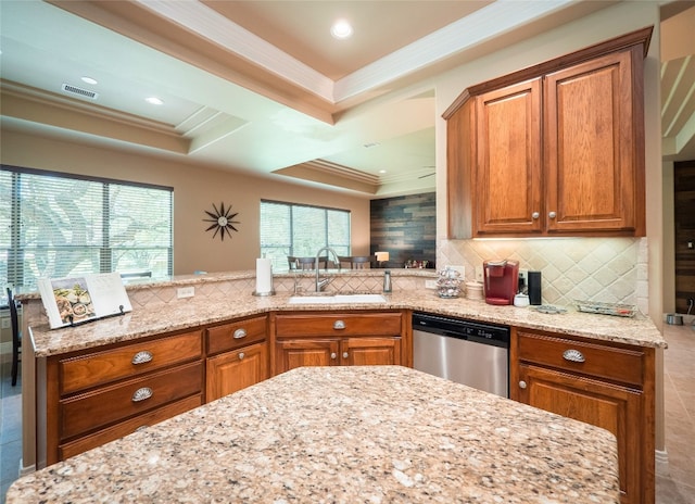 104 E Rustle Cv, Georgetown, TX 78628 - kitchen with dishwasher, a sink, ornamental molding, light stone counters, and decorative backsplash