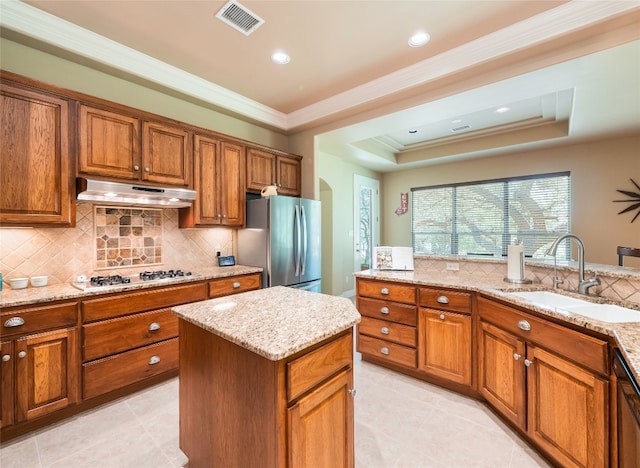 104 E Rustle Cv, Georgetown, TX 78628 - kitchen with stainless steel appliances, a sink, under cabinet range hood, brown cabinetry, and ornamental molding