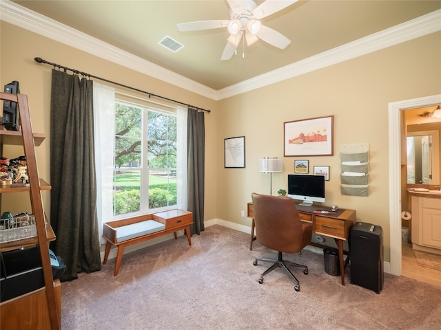 104 E Rustle Cv, Georgetown, TX 78628 - carpeted home office featuring ornamental molding, a ceiling fan, and baseboards