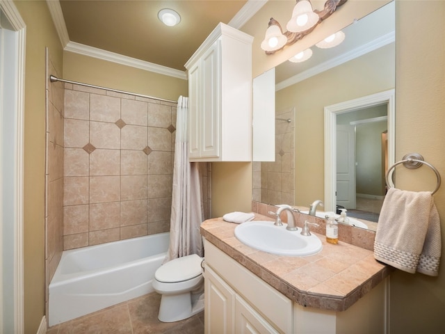 104 E Rustle Cv, Georgetown, TX 78628 - full bathroom with ornamental molding, vanity, shower / tub combo, tile patterned floors, and toilet