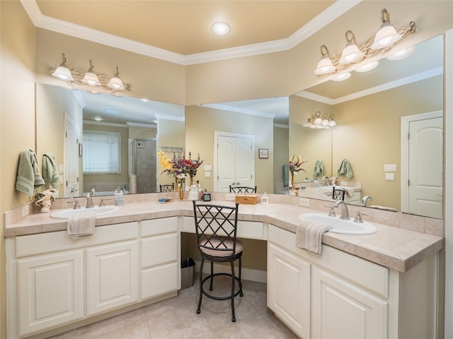 104 E Rustle Cv, Georgetown, TX 78628 - bathroom featuring ornamental molding, a shower stall, vanity, and tile patterned floors