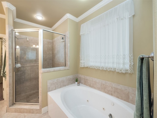 104 E Rustle Cv, Georgetown, TX 78628 - full bathroom with a shower stall, a whirlpool tub, and crown molding