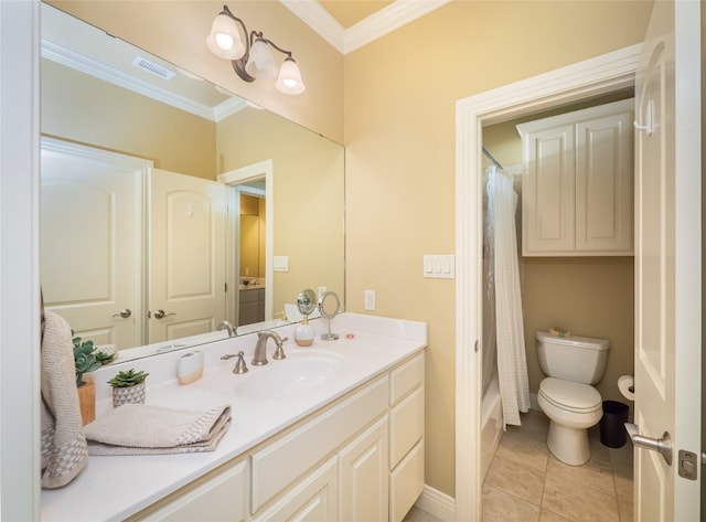104 E Rustle Cv, Georgetown, TX 78628 - full bathroom featuring ornamental molding, vanity, toilet, tile patterned flooring, and shower / tub combo with curtain