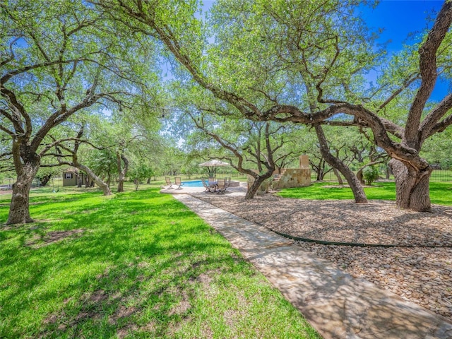 104 E Rustle Cv, Georgetown, TX 78628 - view of green lawn with an outdoor pool and a patio