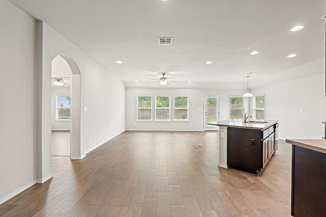 1012 Chad Loop, Round Rock, TX 78665 - kitchen featuring ceiling fan, a sink, recessed lighting, dark brown cabinets, and light wood-style flooring