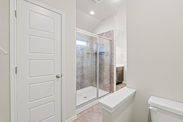 1012 Chad Loop, Round Rock, TX 78665 - full bath with a shower stall, tile patterned floors, vanity, and lofted ceiling