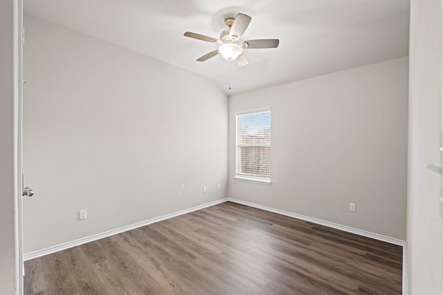 1012 Chad Loop, Round Rock, TX 78665 - empty room with wood finished floors, ceiling fan, baseboards, and vaulted ceiling