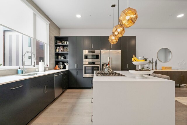 3100 Menchaca Rd Unit 33, Austin, TX 78704 - kitchen featuring appliances with stainless steel finishes, a sink, open shelves, light wood-style flooring, and dark cabinetry