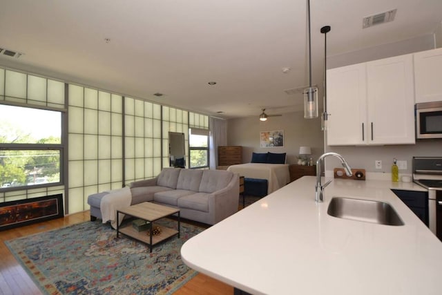 6000 S Congress Ave Unit 132, Austin, TX 78745 - kitchen featuring open floor plan, stainless steel microwave, wood finished floors, and white cabinets