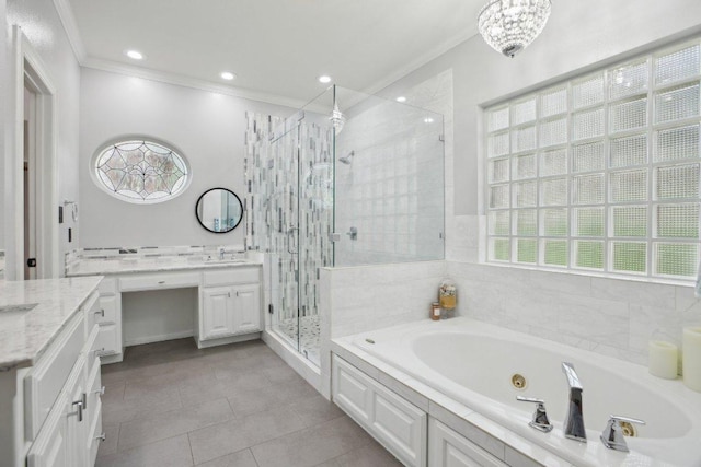 30418 La Quinta Dr, Georgetown, TX 78628 - full bath with crown molding, a jetted tub, a stall shower, vanity, and tile patterned floors