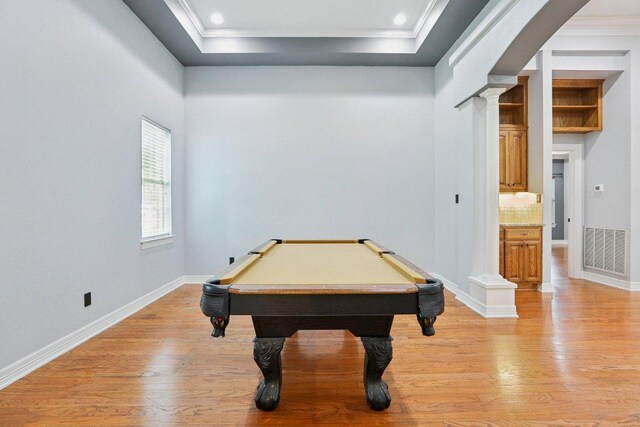 30418 La Quinta Dr, Georgetown, TX 78628 - rec room featuring decorative columns, light wood-style floors, billiards table, baseboards, and crown molding
