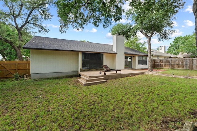 811 Timber Trl, Cedar Park, TX 78613 - back of property with a wooden deck, a chimney, and a shingled roof