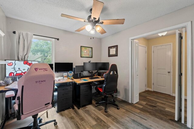 811 Timber Trl, Cedar Park, TX 78613 - home office with light wood finished floors, a ceiling fan, and a textured ceiling