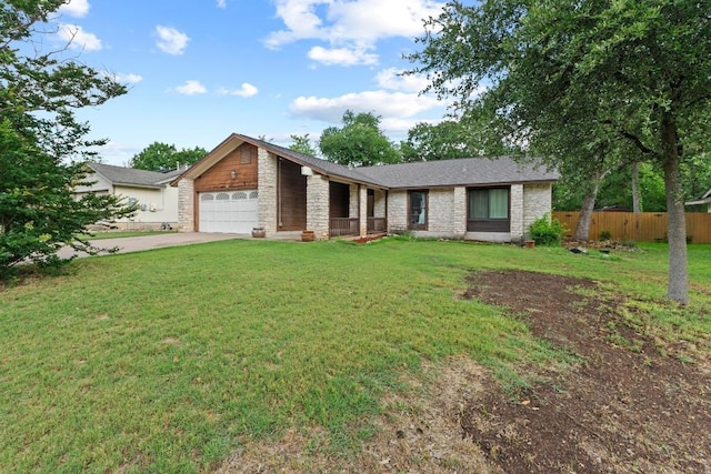 811 Timber Trl, Cedar Park, TX 78613 - mid-century inspired home with an attached garage, stone siding, and concrete driveway
