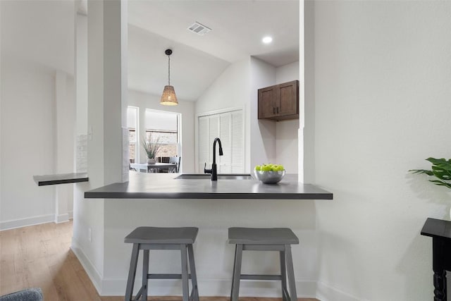 2012 Mimosa Trl, Round Rock, TX 78664 - kitchen with a kitchen breakfast bar, baseboards, dark countertops, light wood-style flooring, and vaulted ceiling