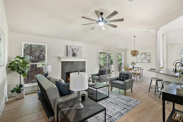 2012 Mimosa Trl, Round Rock, TX 78664 - living area featuring ceiling fan, light wood-type flooring, plenty of natural light, and vaulted ceiling