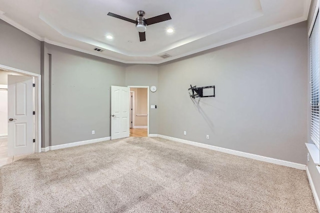 2607 Deep River Cir, Round Rock, TX 78665 - unfurnished bedroom with a raised ceiling, light colored carpet, recessed lighting, and ceiling fan