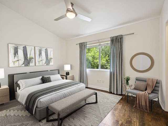 1503 W 9th St Unit 204, Austin, TX 78703 - bedroom featuring lofted ceiling, wood finished floors, baseboards, and a ceiling fan