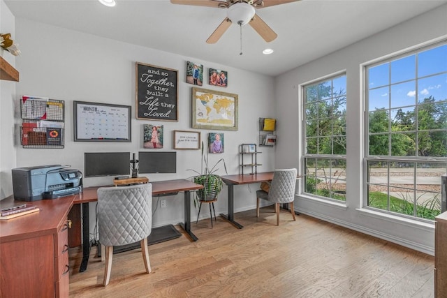 1626 Bearkat Canyon Dr, Dripping Springs, TX 78620 - office space with light wood-style floors, ceiling fan, baseboards, and recessed lighting