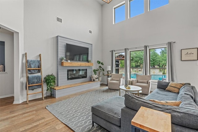 1626 Bearkat Canyon Dr, Dripping Springs, TX 78620 - living room with a high ceiling, a glass covered fireplace, and light wood-style flooring